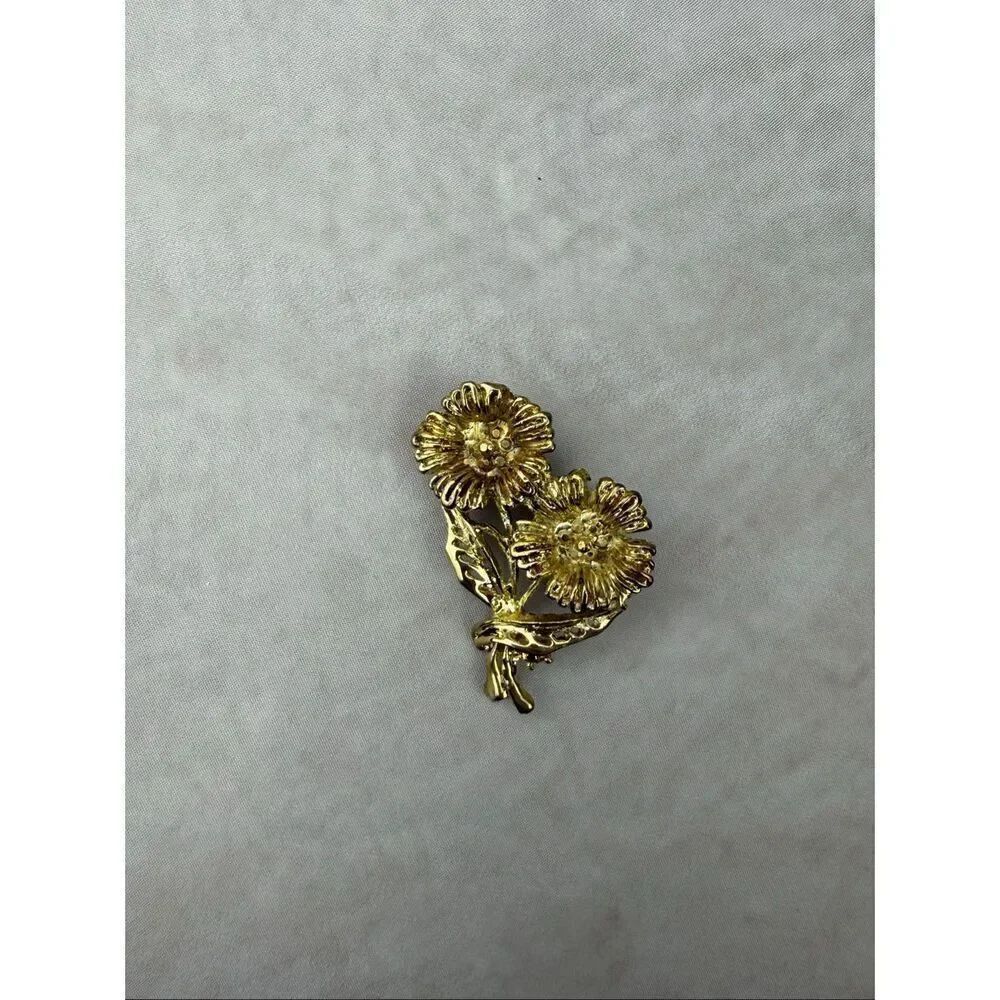 Vintage Gold Tone Floral Brooch Double Flower Sunflower